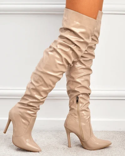 Winter Long Boots Woman Patent Leather Pointed Toe Stiletto High Heels Zipper Over The Knee Boots Botas Altas Sexy Ladies Shoes