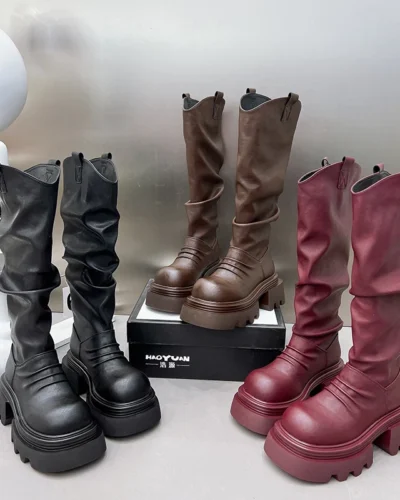 Winter Short Plush Women Knee High Boots Fashion Slip On Knight Long Booties Ladies Casaul Platform Heels Botas Mujer