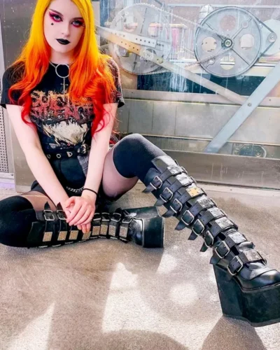 New Women's Cosplay Boots Multi-row Belt Buckle Long Tube Leather Knight Boot Punk Gothic Classic Black High Heel Shoe Knee-High