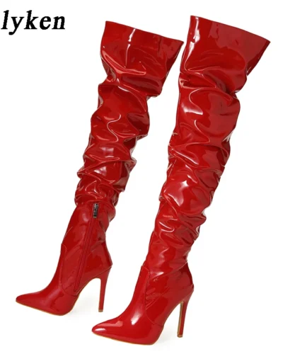 Eilyken Red Women Over The Knee Boots High Heels Patent Leather Solid Pointed Toe Stiletto Side Zipper Sapatos Femininos