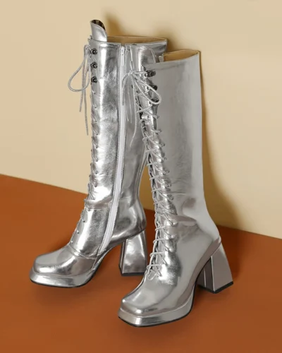 Square Toe Ultra High Thick Heel Smooth Box Cowhide Material Golden Fashion Boots With Smooth Shiny Silver Zipper Knee High Boot