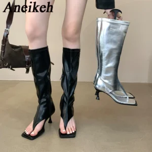 Aneikeh 2025 Sexy PU Square Head Clip Toe Sandals Boots Women's Thin Heel Side Zipper Sewing Chelsea Knee High Boots Party Ball
