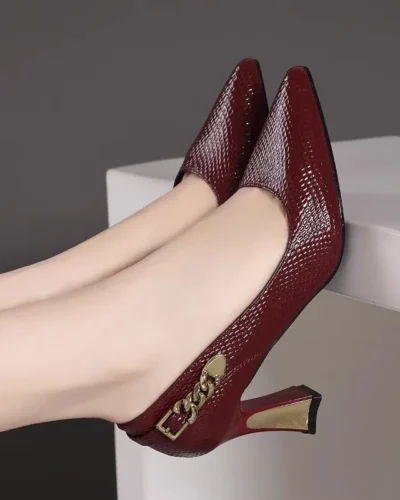 Basic Wine Snakeskin Leather Women Shoes Stiletto High Heels Pointy Toe Women Pumps Weddings Party Size 33-42 Shoes Woman