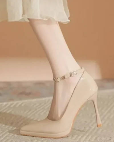 2025Autumn New Stiletto High Heels Women's Pointed Head Shallow Mouth Metal Chain Anti-slip Wear-resistant Single Shoes