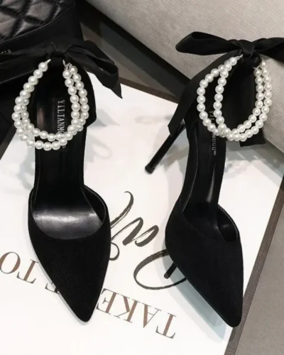 Black Women's Pumps   Summer New Brand Design String Bead Pearls Wedding Bridal High Heels Sexy Pointed Toe Party Dance Shoes