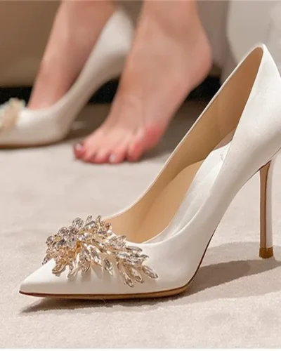 Gold  Heels Fine Heeled Shoes Sexy Pump 2024 All-Match Slip On Sandals Ladies Pointed Wedge Lace-Up Stiletto Crossdressers Cryst