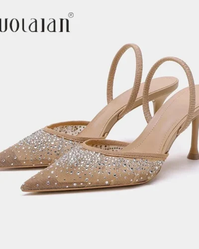 New Summer Women's Sandals Rhinestone Bright Mesh High Heels Footwear Elegant Slingback Pointed Slip on Party Lady Pumps Shoes