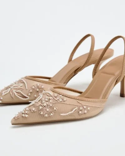 Luxury Mesh Embroidery High Heels Women Sexy Pointed Toe String Bead Slingback Heeled Sandals Summer Elegant Banquet Dress Shoes