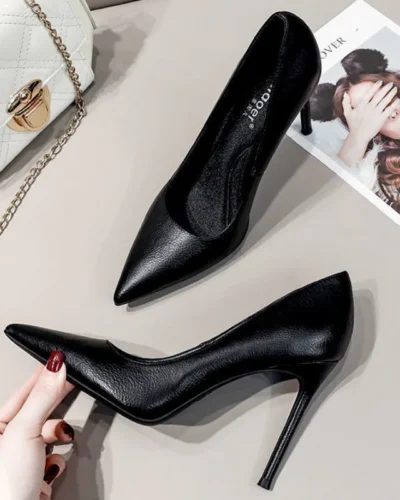 New Soft Leather Black Professional High Heels Female Stiletto All-match Flight Attendant Single Shoes Work Shoes