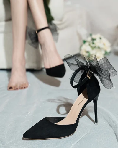 Tulle Bow Heels Designer Stiletto High Heels Women Pumps 2022 Wedding Shoes Bride Ladies Party Prom Shoes Big Size 44 45