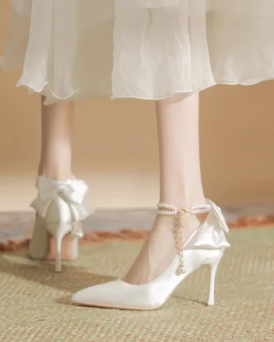 Size 35-40 Stiletto Heel Point Toe Pearls Buckle Belt 9cm High Heel Ladies Bow Satin Fabric White Wedding Shoes Women Pumps