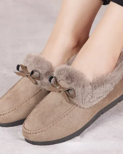 Women Winter Casual Shoes New Moccasins Soft Flat Non-slip Loafers Fashion Comfort Warm Plush Bow Slip on Female Cotton Shoes