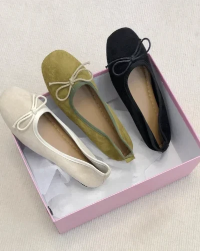 Soft Leather Ballet Flats Shoes Women Bow Tie Casual Streetwear Slip on Basic Loafers Spring Autumn Office Ladies Shoes New 2025
