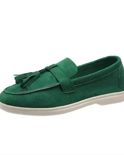 Womens Flock Thick Bottom Driving Shoes Round Toe Flock Tassel White Sole Soft Moccasines In Green Black Wide Fits Slip-On 35-45
