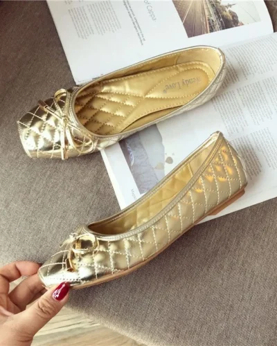 2024 Spring Summer Shoes Women Flats Square toe Soft Ladies Brand Shoes Fashion Ballet Flats Black Gold ZH2496