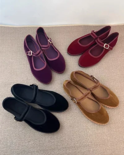 Velvet Mary Jane Shoes for Women Hand Stitch Casual Streetwear Ballet Flats Pumps Female Solid Color Red Cloth Shoes Loafers