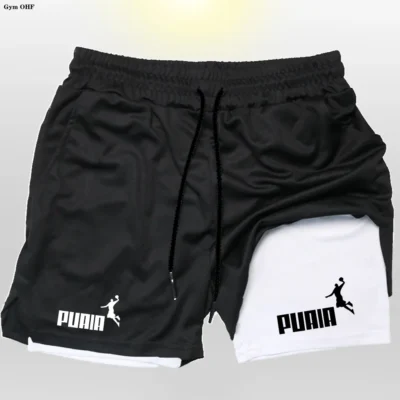 Men's Summer 2-in-1 Double Layer Shorts Gym Fitness Exercise Slow Running Breathable Elastic Compression Men Double Layer Short