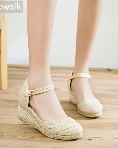 Veowalk Patchwork Handmade Women Plain Linen Sandals Wedge Espadrilles 6cm Platforms Bohemian Shoes Women Ladies Summer Pumps