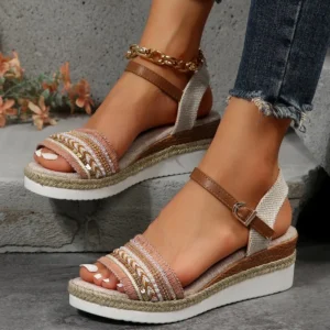 Vintage Fringe Platform Sandals for Women Casual Brown Wedge Sandals Women Summer Buckle Decor Weightlight Flat Sandalias Mujer