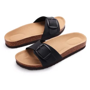 Shevalues Cork Footbed Clogs Slippers for Women Soft Leather Mules Classic Cork Anti-slip Beach Slides House Sandals With Buckle