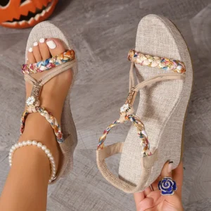 Bohemia Woven Band Wedge Sandals Women Summer Non Slip Thick Bottom Gladiator Sandalias Mujer Slip On High Heel Sandles Woman