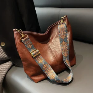Vintage Solid Color PU Leather Women Fashion Shoulder Sling Bag Simple Wide Strap Bucket Crossbody Bag