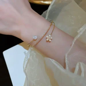 KADRUFI Luxury Zircon Flower Imitation Pearl Opening Bracelet Bangle Women Gold Color 3 Layer Korean Fashion Bangles Jewelry