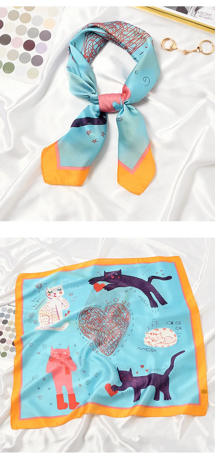 2021 Love Cats Print Square Scarf Women Bandana Hairband Lady Head Wraps Female Shawl Fashion Animals Pattern Neckerchief - Image 4