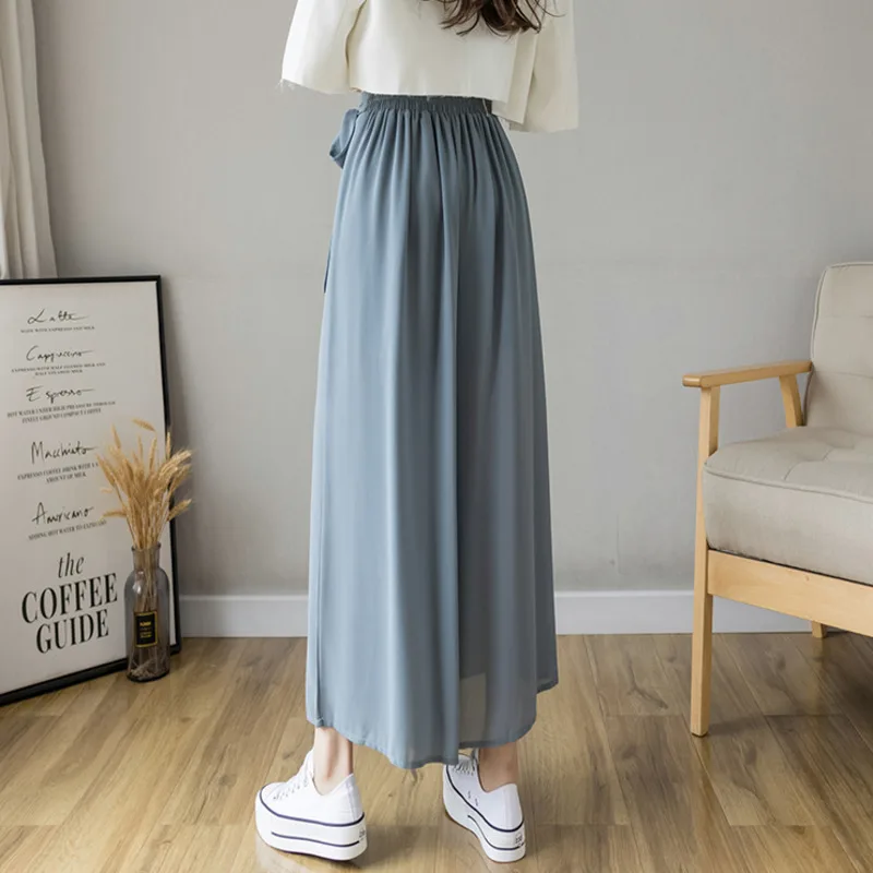 2021 Spring Summer New Style Korean Women Pleated Chiffon Trousers High Waist Pants Hakama Casual Wide Leg Pantalones - Image 2