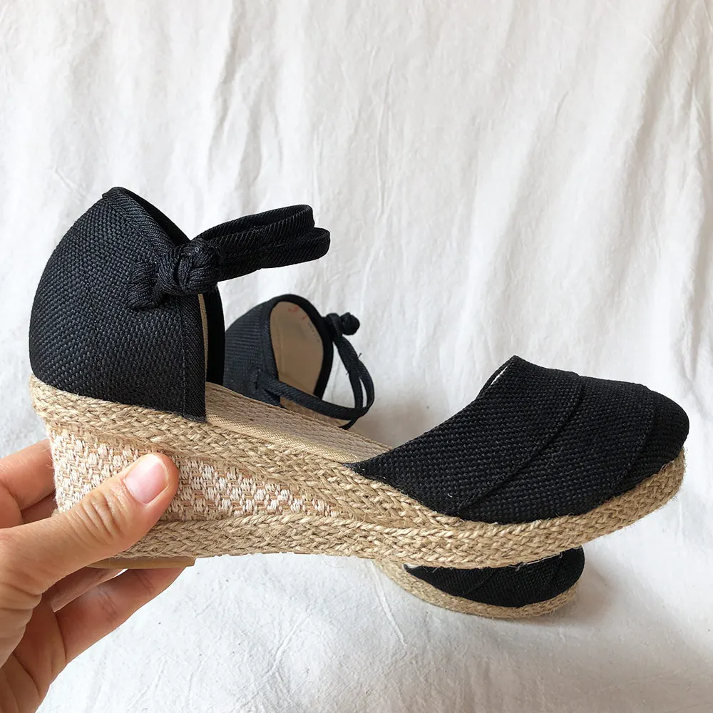 Veowalk Patchwork Handmade Women Plain Linen Sandals Wedge Espadrilles 6cm Platforms Bohemian Shoes Women Ladies Summer Pumps - Image 3