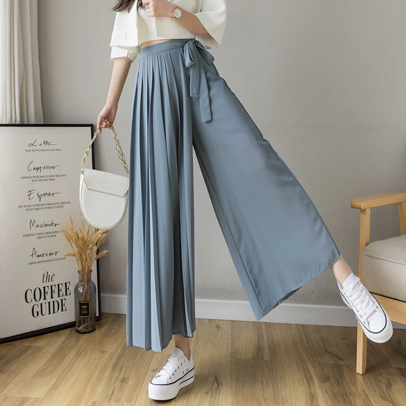 2021 Spring Summer New Style Korean Women Pleated Chiffon Trousers High Waist Pants Hakama Casual Wide Leg Pantalones - Image 4