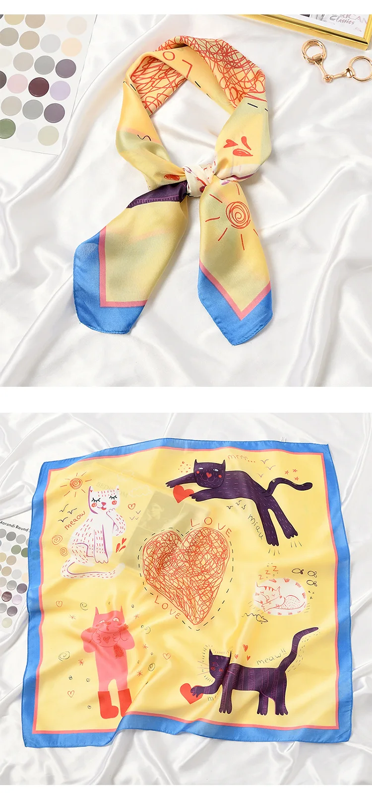 2021 Love Cats Print Square Scarf Women Bandana Hairband Lady Head Wraps Female Shawl Fashion Animals Pattern Neckerchief - Image 3