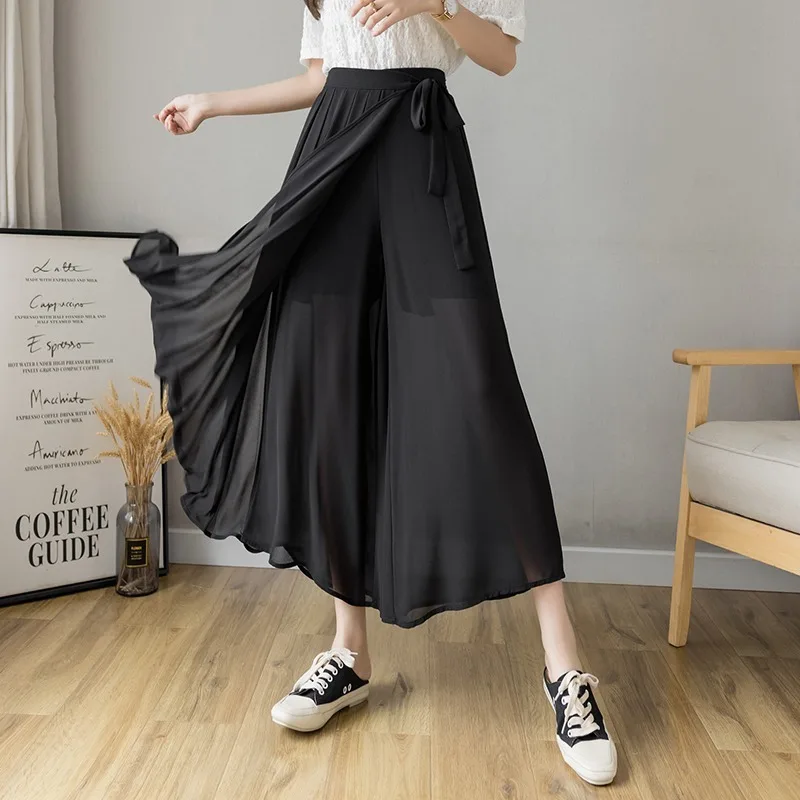 2021 Spring Summer New Style Korean Women Pleated Chiffon Trousers High Waist Pants Hakama Casual Wide Leg Pantalones - Image 5