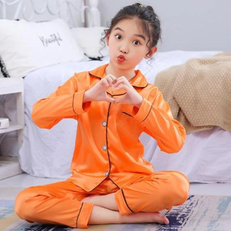 New Button-Down Spring Autumn Children Satin Pajamas Sets Kids Girls Solid Silk Long Sleeve 2 Pieces Tops+Pants Sleepwear Pyjama - Image 3
