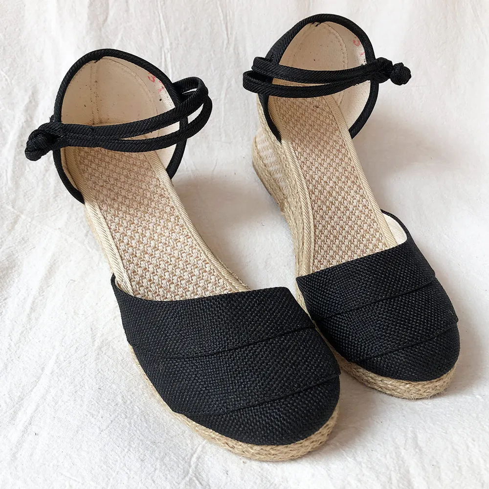 Veowalk Patchwork Handmade Women Plain Linen Sandals Wedge Espadrilles 6cm Platforms Bohemian Shoes Women Ladies Summer Pumps - Image 4