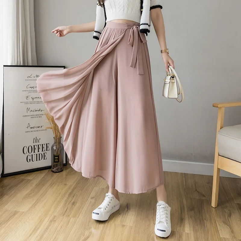 2021 Spring Summer New Style Korean Women Pleated Chiffon Trousers High Waist Pants Hakama Casual Wide Leg Pantalones - Image 6