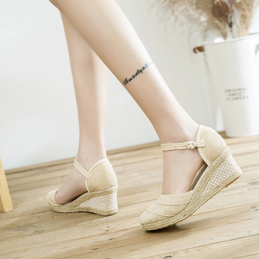 Veowalk Patchwork Handmade Women Plain Linen Sandals Wedge Espadrilles 6cm Platforms Bohemian Shoes Women Ladies Summer Pumps - Image 2