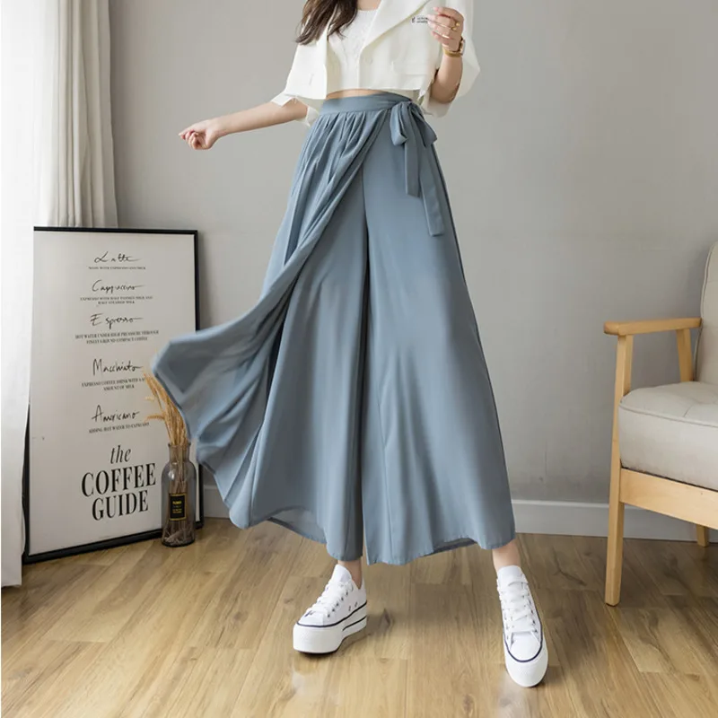 2021 Spring Summer New Style Korean Women Pleated Chiffon Trousers High Waist Pants Hakama Casual Wide Leg Pantalones - Image 3