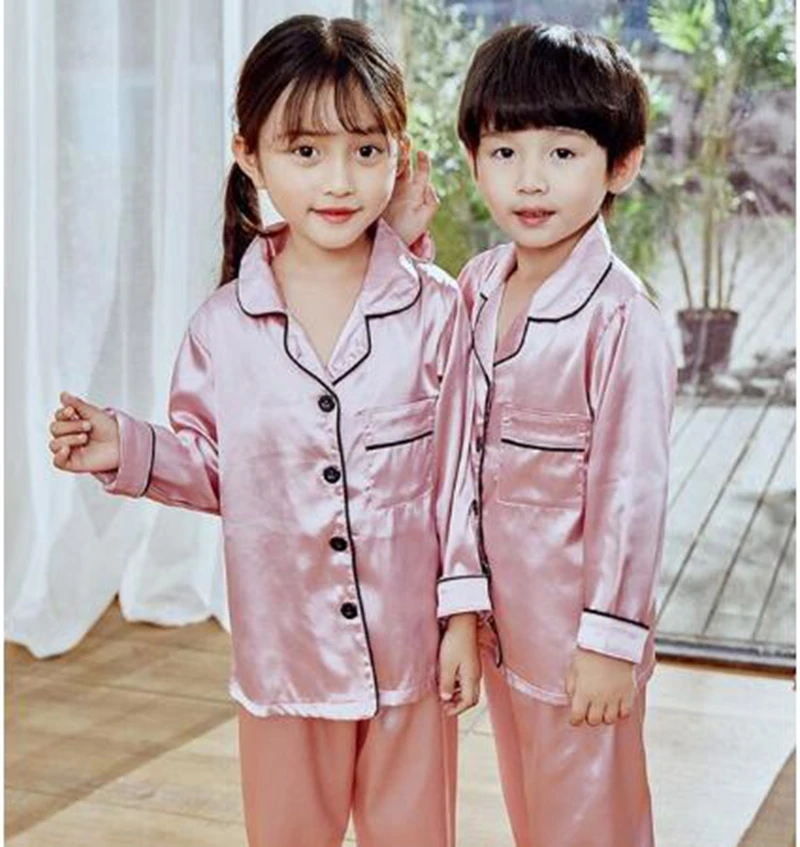 New Button-Down Spring Autumn Children Satin Pajamas Sets Kids Girls Solid Silk Long Sleeve 2 Pieces Tops+Pants Sleepwear Pyjama - Image 2
