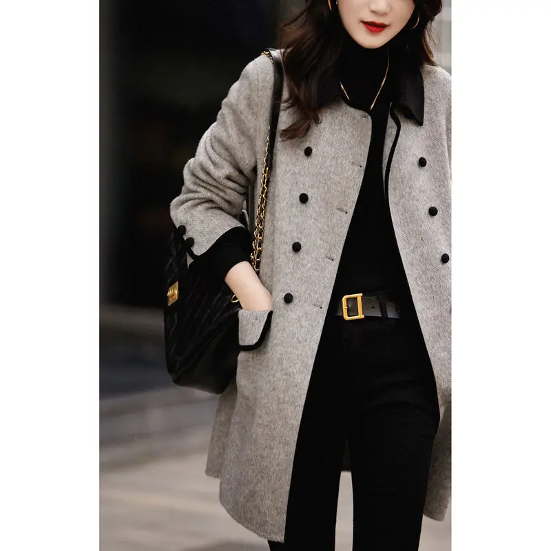 Main Mu Autumn Winter New Fashion Korean Edition Slim Casual Versatile Temperament Contrasting Color Small Collar Woolen Trench - Image 2