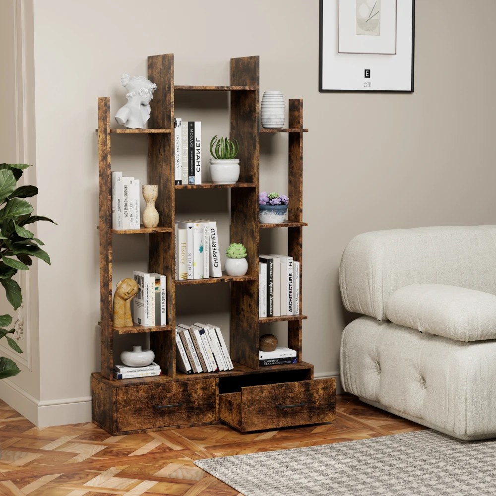 Bookshelf with 2 Drawers,Industrial Freestanding Open Display Shelving,Vintage Open Bookcase,Book Case for Bedroom, Living Room - Image 2