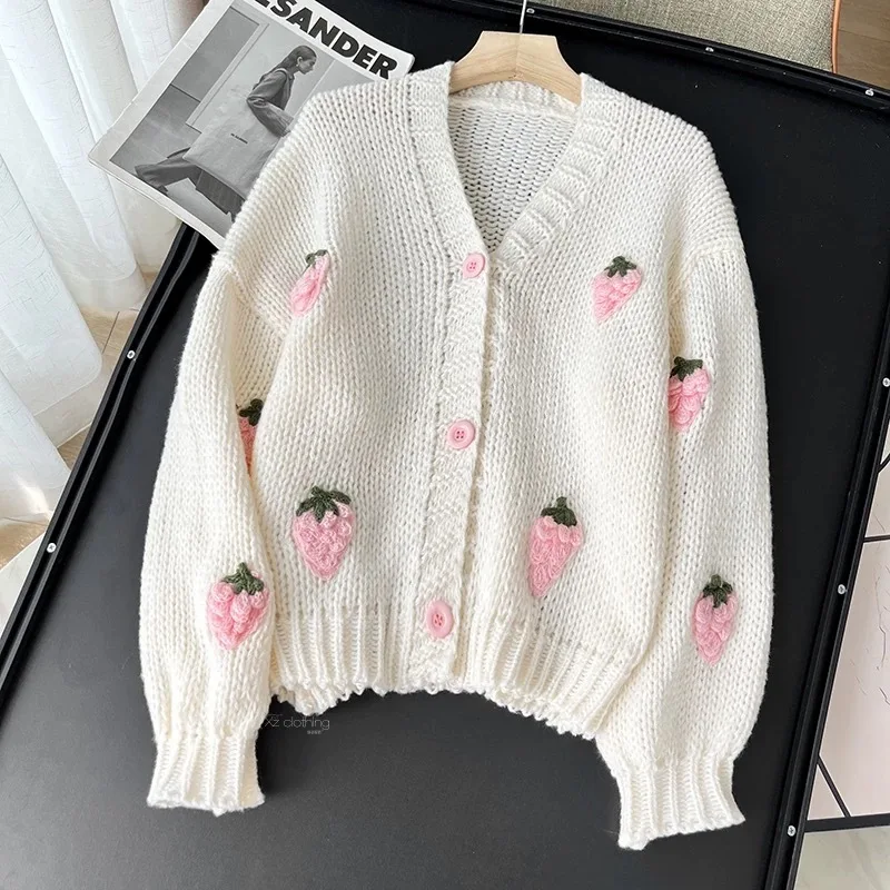 Fashion age reduction three-dimensional embroidery strawberry jacquard knitted cardigan soft waxy skin V-neck sweater - Image 4