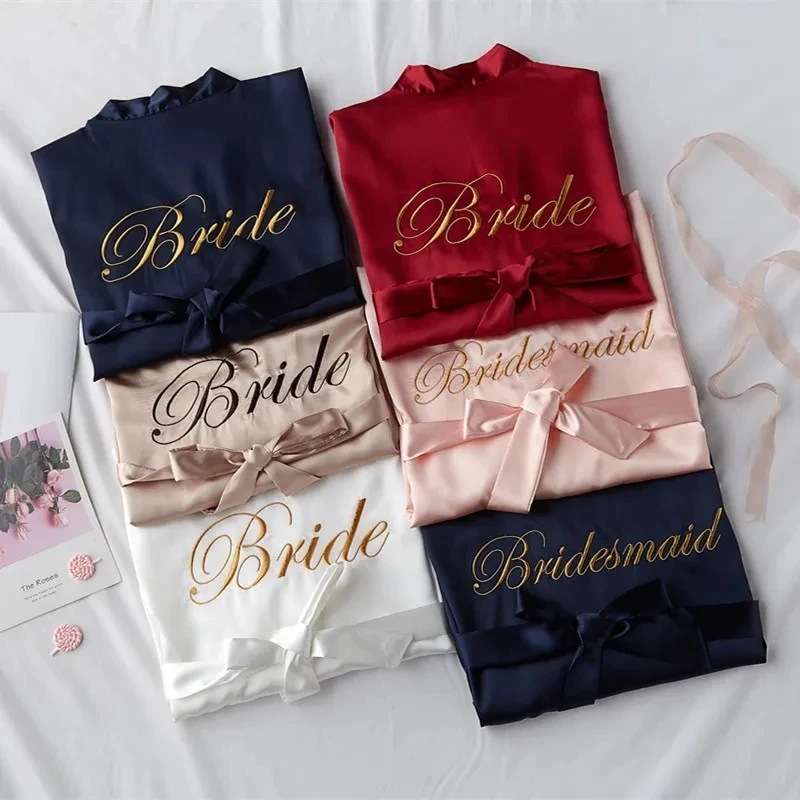 Bride Bridesmaid Wedding Robe Embroidery Kimono Bathrobe Gown Nightgown Casual Satin Short Women Sexy Nightwear Sleepwear - Image 5