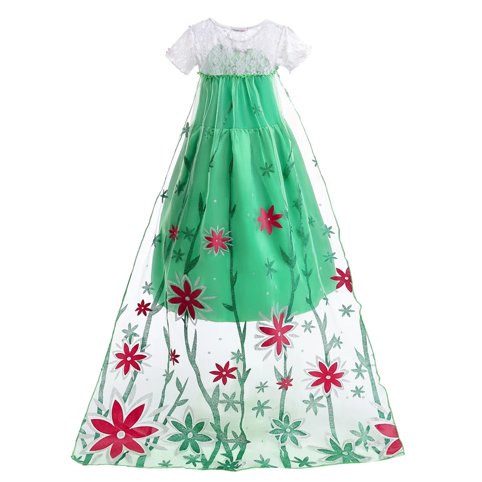 Elsa Green Dress for Kids Girl Princess Costume Dresses Children Long Cloak Floral Lace Ball Gown Summer - Image 6