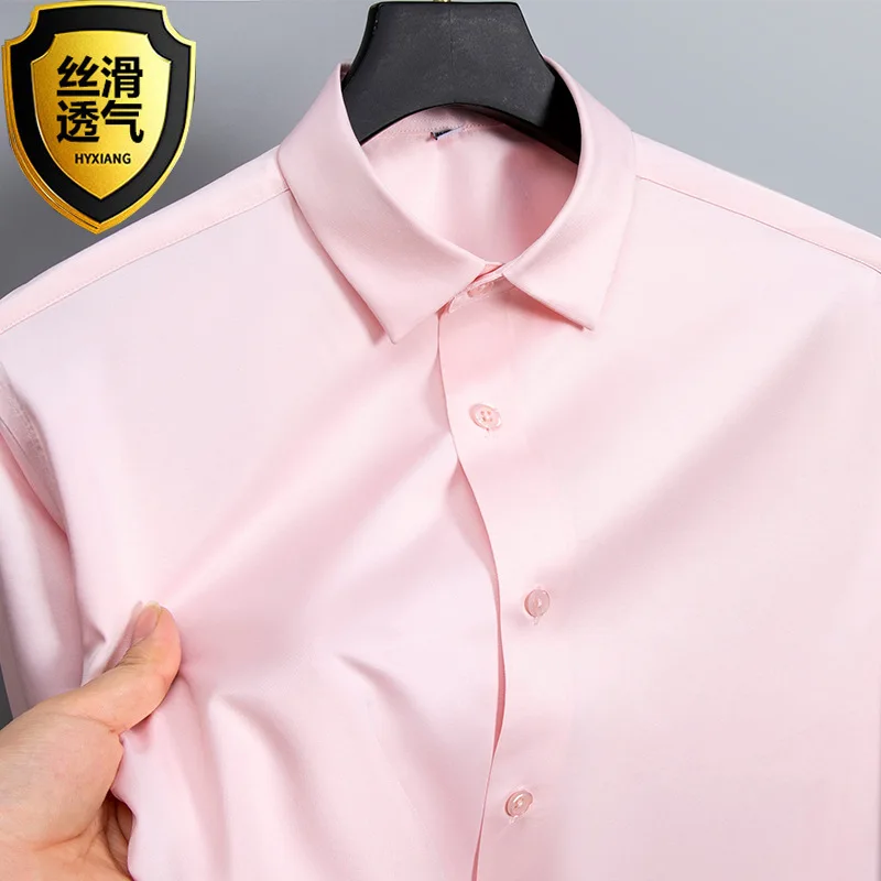 Summer shirt, men's white glossy non ironing shirt, men's wrinkle resistant ice silk casual high-end seamless business shirt - Image 2