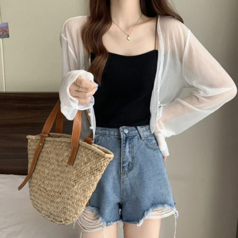 2025 Fairy Style Solid Cardigan Women Summer New Long Sleeve Sunscreen Sweet Beading V-neck Basics Loose Chiffon Cardigan - Image 2