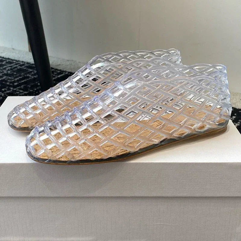 Summer Fashion Plastic Jellies Single Shoes Women Woven Mesh Ballet Flats Sandals Round Toe Transparent Hollow Design Beach Shoe - Image 3
