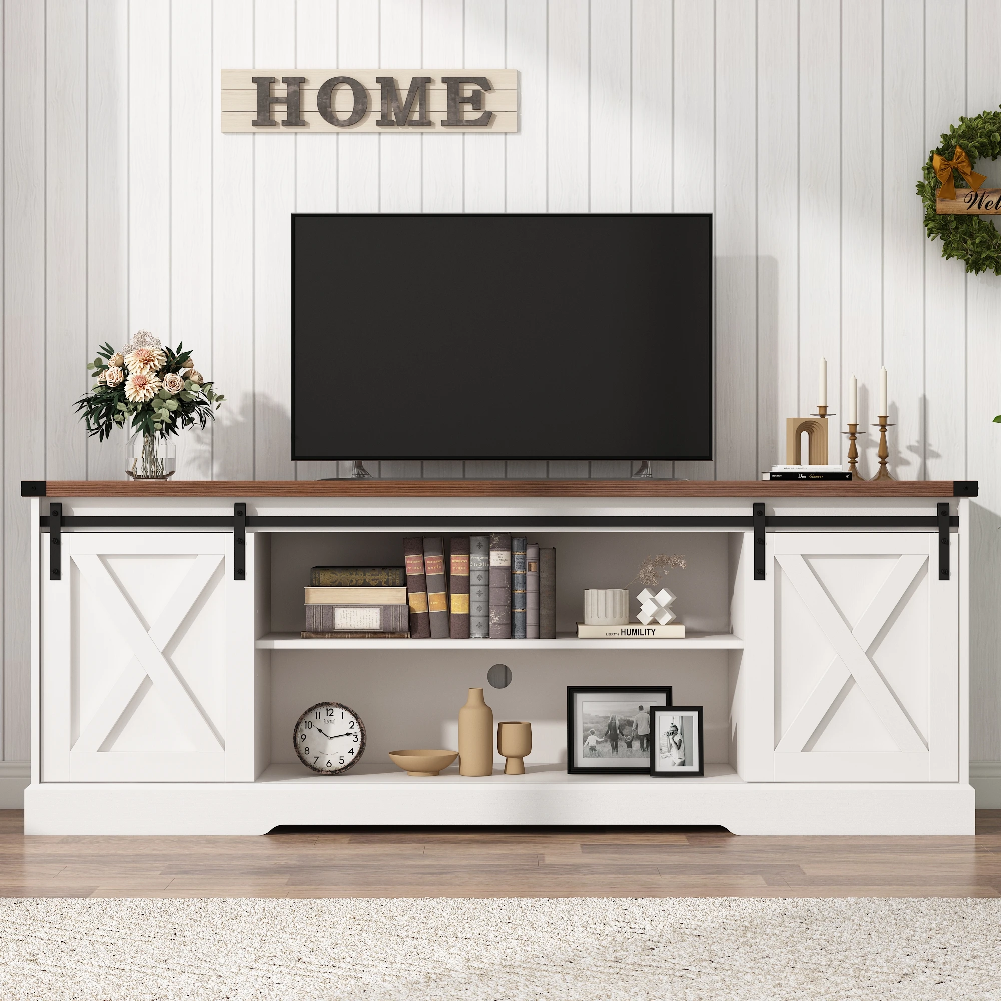 Fireplace TV Stand for up to 75" TV, Farmhouse Entertainment Center Suitable for 36" Fireplace, 70" Media Console Cabinets - Image 2
