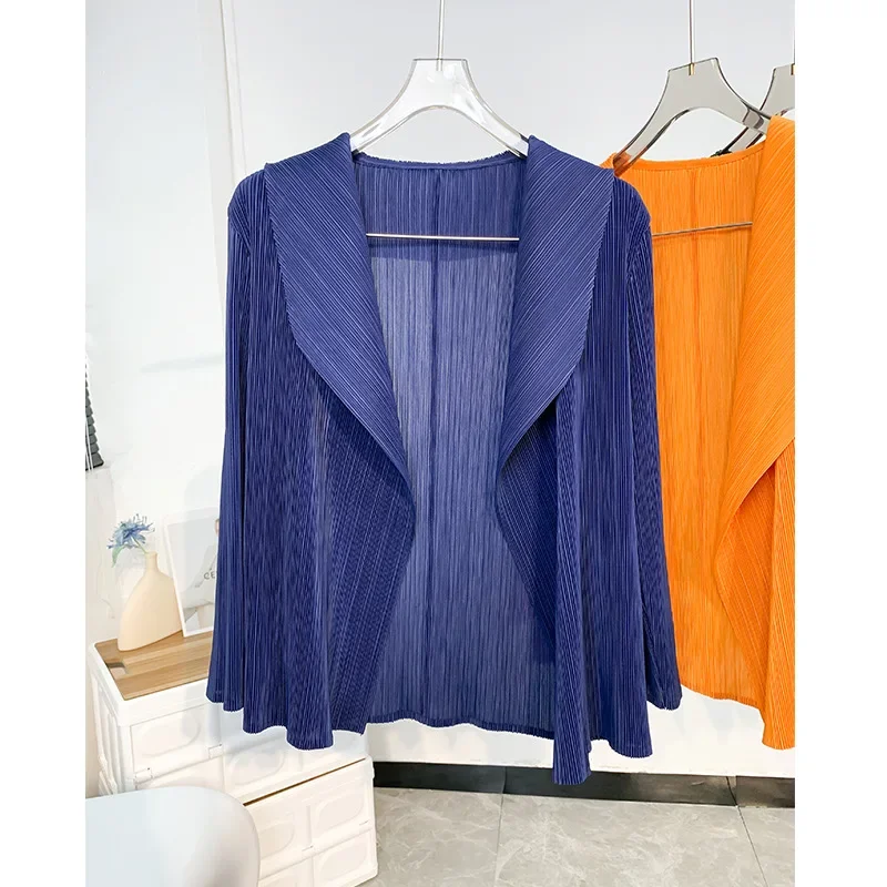 Miyake Pleated Short Jacket 2025 Spring Summer Women's Casual Tops Flap Collar Loose Shopping Peplum Cardigan Tunic Tops - Image 3