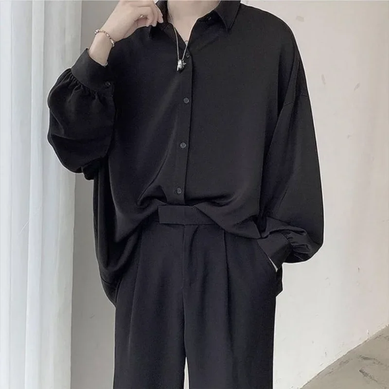 2025 Black Long-sleeved Shirts Men Korean Comfortable Blouses Casual Loose Single Breasted Shirt with Tie - Image 2